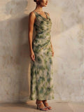 Women Green Watercolor Cowl Neck Ruched Cocktail Maxi Dress