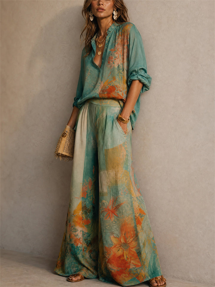 Women Boho Holiday Floral 2 Piece Set Shirt Wide Leg Pants Outfit