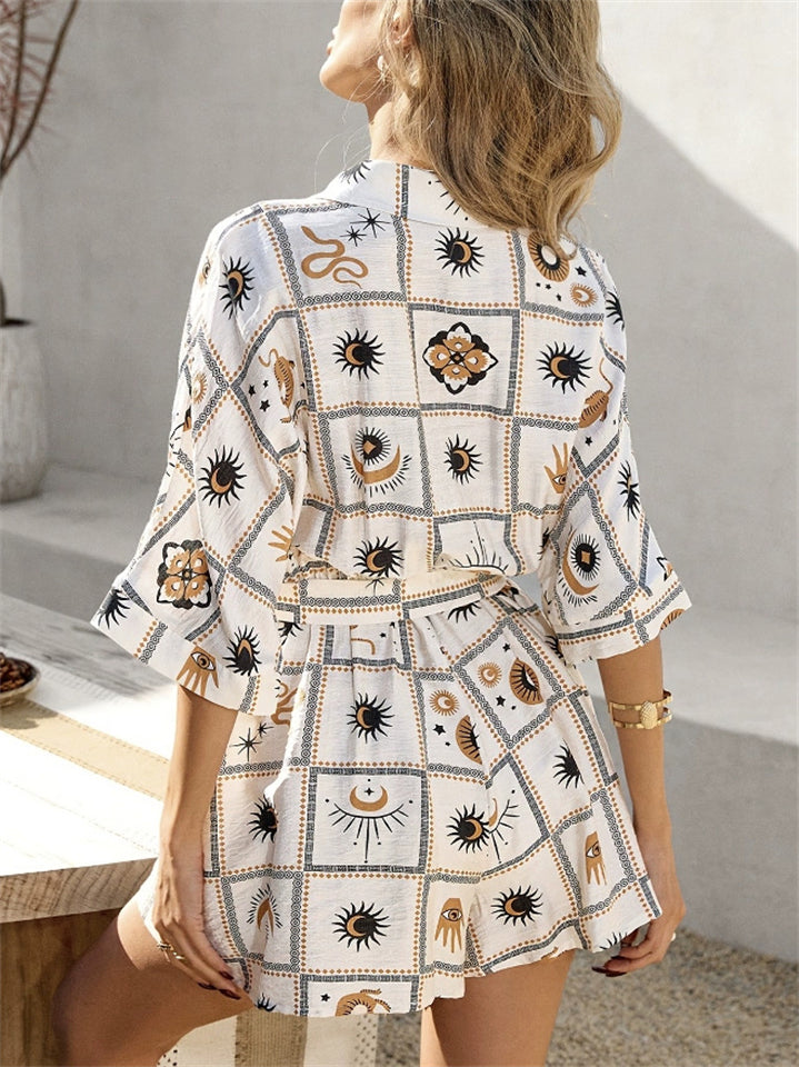 Women's Summer Holiday Style Print Button Up Tie-waist Jumpsuit
