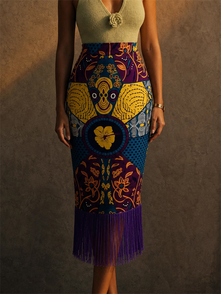 Women High Waist African Print Fringe Bodycon Pencil Skirt