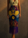 Women High Waist African Print Fringe Bodycon Pencil Skirt