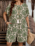 ‌Women's Vintage Round Neck Floral Print Loose Fit 2-Piece Short Set‌