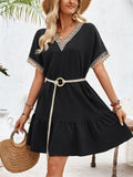 Women's Bohemian Lace V Neck Short Sleeve Ruffled Dress with Waistband