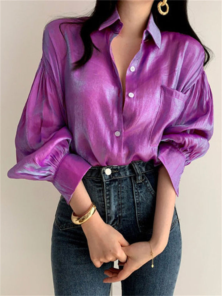 Charming Ladies Lantern Sleeve Lapel Collar Button Glimmer Blouse
