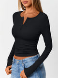 Women's Solid Color Striped Buttons Pullover Slim-fit Long Sleeve Shirts
