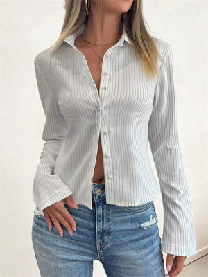 Women's Retro Lapel Stripe Slim Fit Single Breasted Blouses