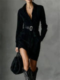 ‌Women's Autumn Suede Buttons Lapel Shirt Dress with Belt