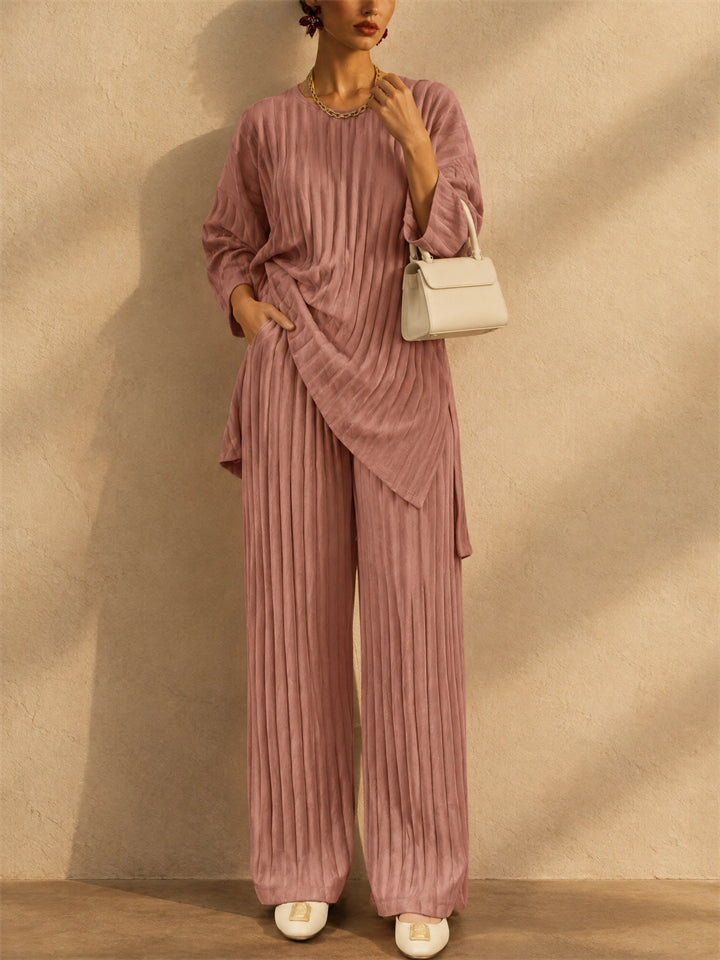 Women Lounge Pleated Two Piece Set Long Sleeve Top Wide Leg Pants