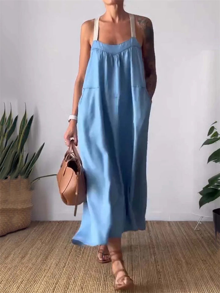 Leisure Square Neck Sleeveless Loose Overall Dress for Women