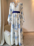 ‌Women's Holiday Style Elegant V Neck Tie-Waist Floral Print Dress‌