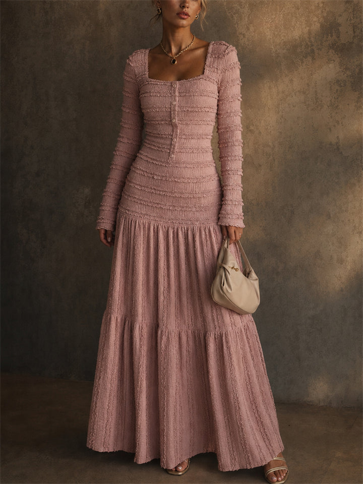 Women Smocked Square Neck Long Sleeve Tiered Maxi Dress