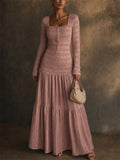 Women Smocked Square Neck Long Sleeve Tiered Maxi Dress