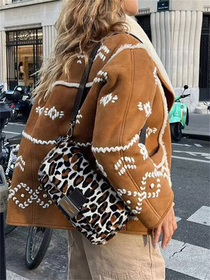 Women's Winter Contrast Color Print Lapel Pockets Coat