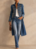 Women Military Button Long Jacket Slim Fit Denim Trench Coat