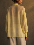 Women Elegant Sheer Bow Tie Lantern Sleeve Blouse