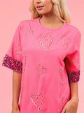 Women's Heart Print Sequins Casual Pink Shirt
