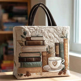 Book Stack Coffee Cup Quilted Tote Bags