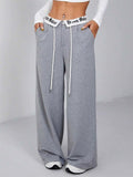 Letter Print Patchwork Drawstring Wide Leg Casual Pants for Women