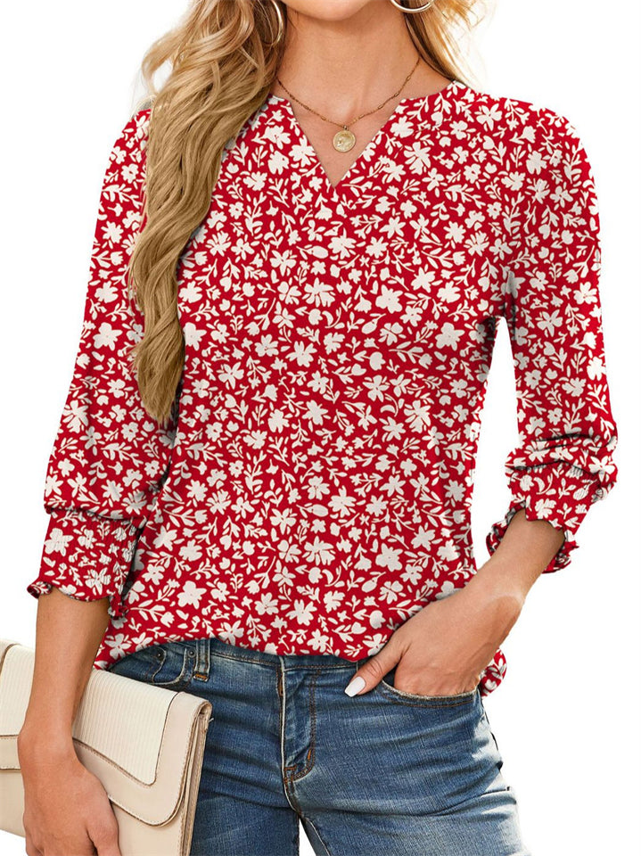 Women's Casual Print 3/4 Sleeve V Neck Shirts