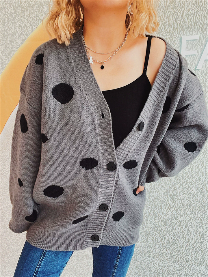 Women's Polka Dots Jacquard V Neck Long Sleeve Cardigan Sweaters