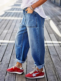 Women's Blue Loose Fit Casual Utility Cropped Denim Pants with Pockets