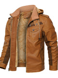 Men's Winter Streetwear Faux Leather Patchwork Fleece Lined Hooded Coats