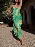 Female Spaghetti Strap French Style Printed Low-cut Dress