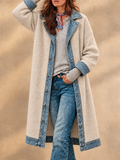 Women Casual Knit Denim Trim Long Cardigan Button Down Coat