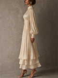 Women High Neck Long Sleeve Ruched Tiered Metallic Maxi Dress