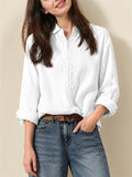Women Casual Cotton Linen Button Down Long Sleeve Collared Shirt