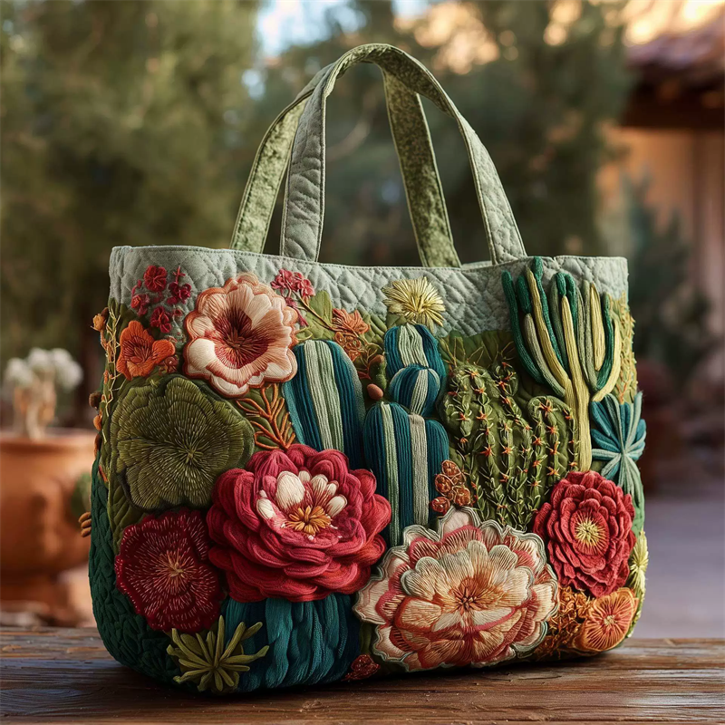Colorful Floral & Cactus Print Canvas Tote Bag