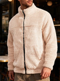 Men's Casual Outdoor Solid Color Zip Up Stand Collar Fleece Coats