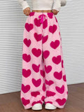W‌inter Fleece Leopard Heart Print High Waist Wide Leg Women Casual Pants‌