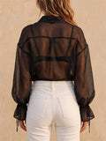 Women Black Sheer Lantern Sleeve Button Down Blouse Shirt