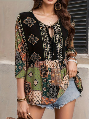 Women's Summer Holiday Style Contrast Color Printed Half Sleeve Shirt