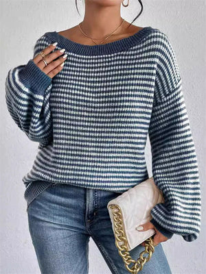 Women's Autumn Elegant Sabrina Collar Contrast Color Sweaters