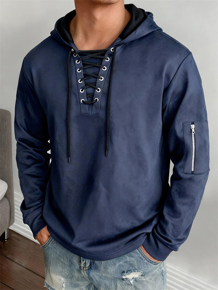 Men's Dark Blue Lace-Up Neck Hoodie with Zipper Pocket‌