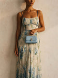 Women Blue Elegant Summer Pleated Floral Corset Maxi Dress