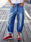 Women's Blue Loose Fit Casual Utility Cropped Denim Pants with Pockets