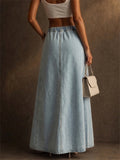 Women High Waist Drawstring A Line Denim Maxi Skirt