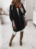 Women's 3/4 Sleeves Buttoned Lapel Faux Wool Coat with Pockets