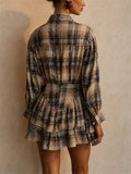 Women Plaid Long Sleeve Ruffle Top and Tiered Mini Shirt Set