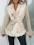 Women's Luxury Fur Collar Slim Fit Leather Coat with Belt