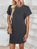 Summer Casual Round Neck Chest Pocket Mini Striped Dress for Lady