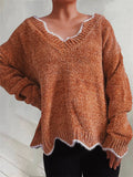 Women's Contrast Trim V Neck Pullover Long Sleeve Sweater