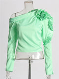 Women's Green Ruffled Long Sleeve Asymmetric Top