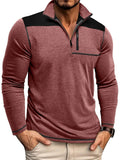 Men's Retro Contrast Color Stand Collar Zipper Pullover Long Sleeve Shirts