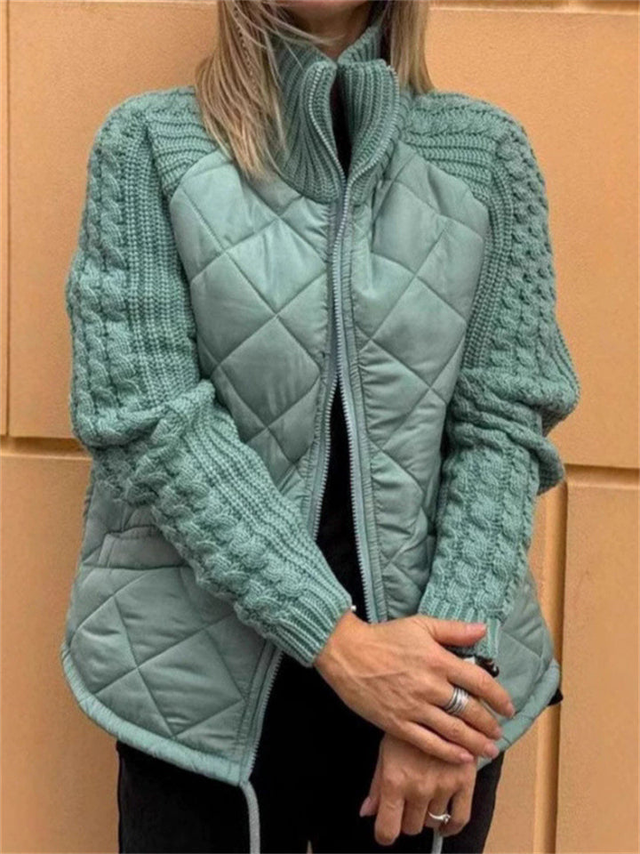 Women's Solid Color Rhombic Texture Patchwork High Neck Cardigan Coats