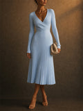Women Elegant Wrap Ribbed Knit Long Sleeve Pleated Midi Dress