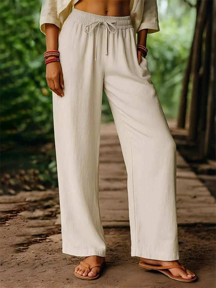 Women's Solid Color Causal Drawstring  Wide Leg Beach Pants